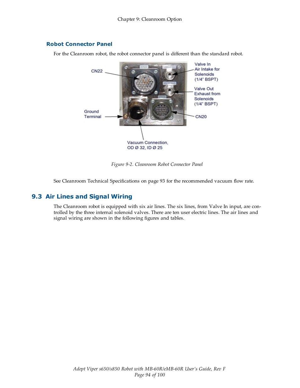 Robot connector panel, 3 air lines and signal wiring | Adept s650 Viper User Manual | Page 94 / 100