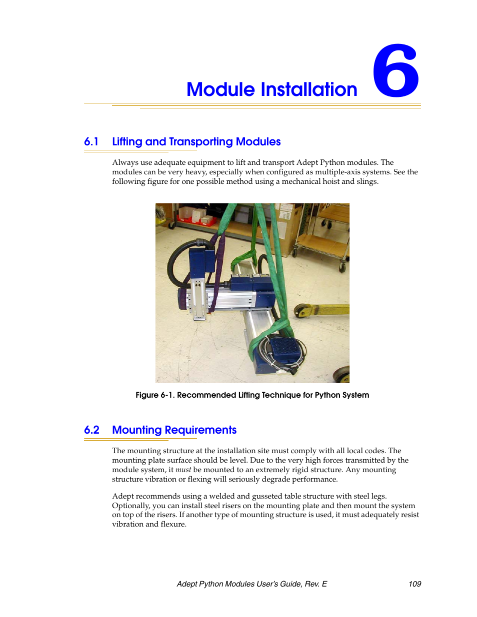 Module installation, 1 lifting and transporting modules, 2 mounting requirements | Rface (see, Chapter 6 | Adept Python User Manual | Page 109 / 170