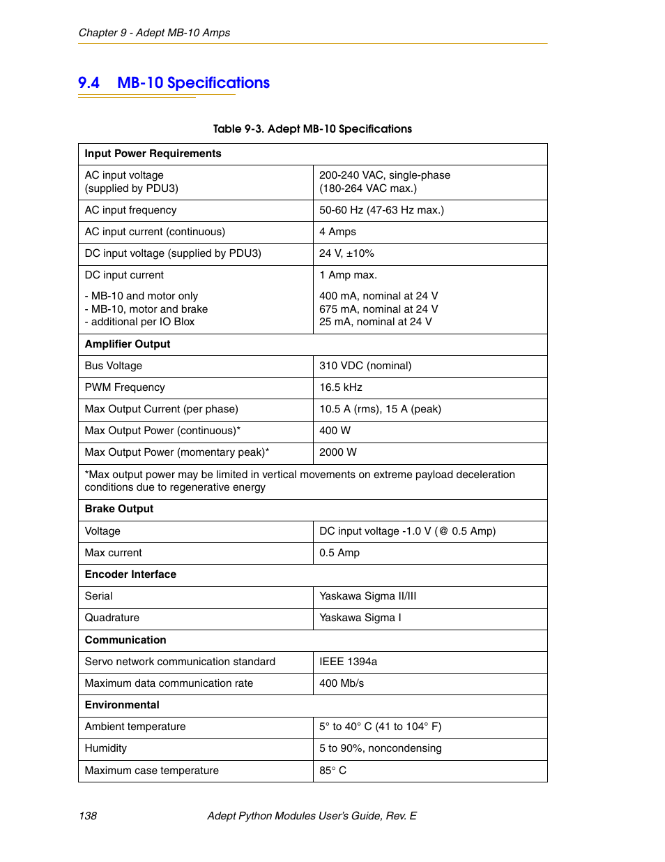 4 mb-10 specifications | Adept Python User Manual | Page 138 / 170
