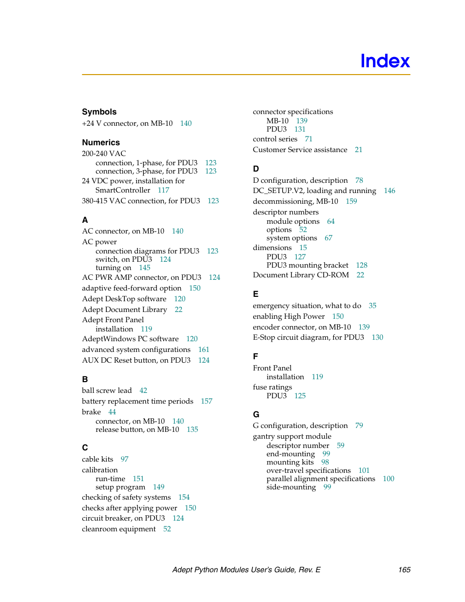 Index | Adept Python User Manual | Page 165 / 170