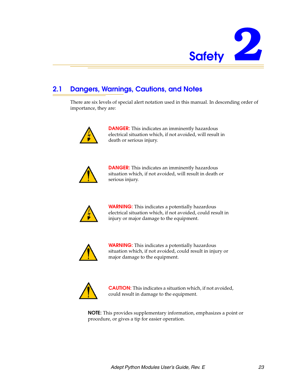 Safety, 1 dangers, warnings, cautions, and notes | Adept Python User Manual | Page 23 / 170