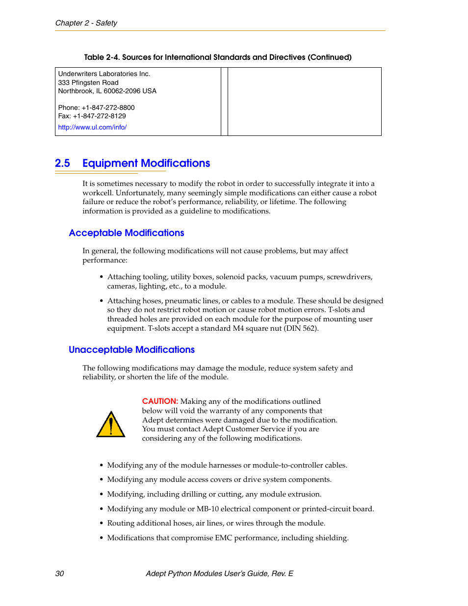 5 equipment modifications, Acceptable modifications, Unacceptable modifications | Section 2.5 on | Adept Python User Manual | Page 30 / 170