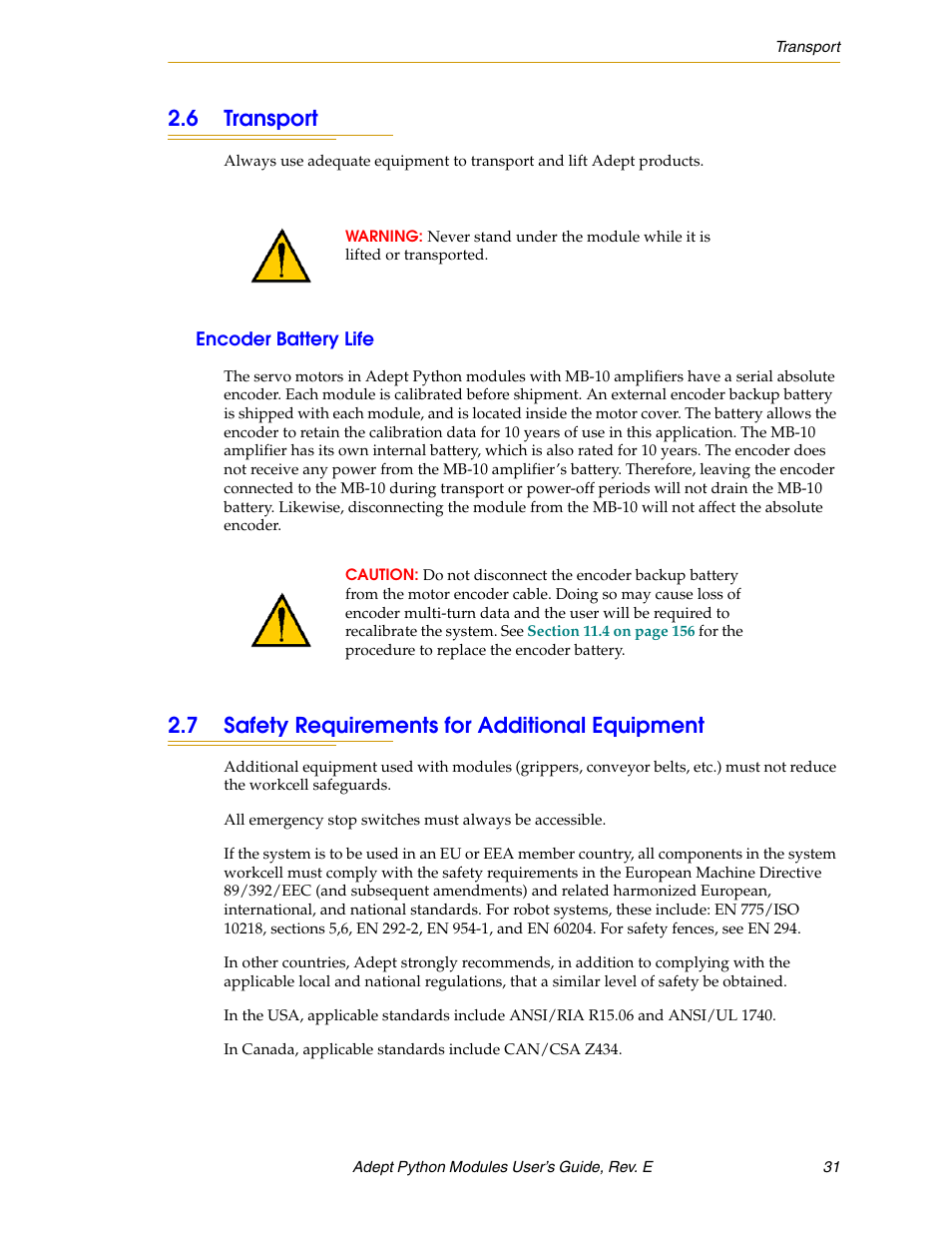 6 transport, Encoder battery life, 7 safety requirements for additional equipment | Adept Python User Manual | Page 31 / 170