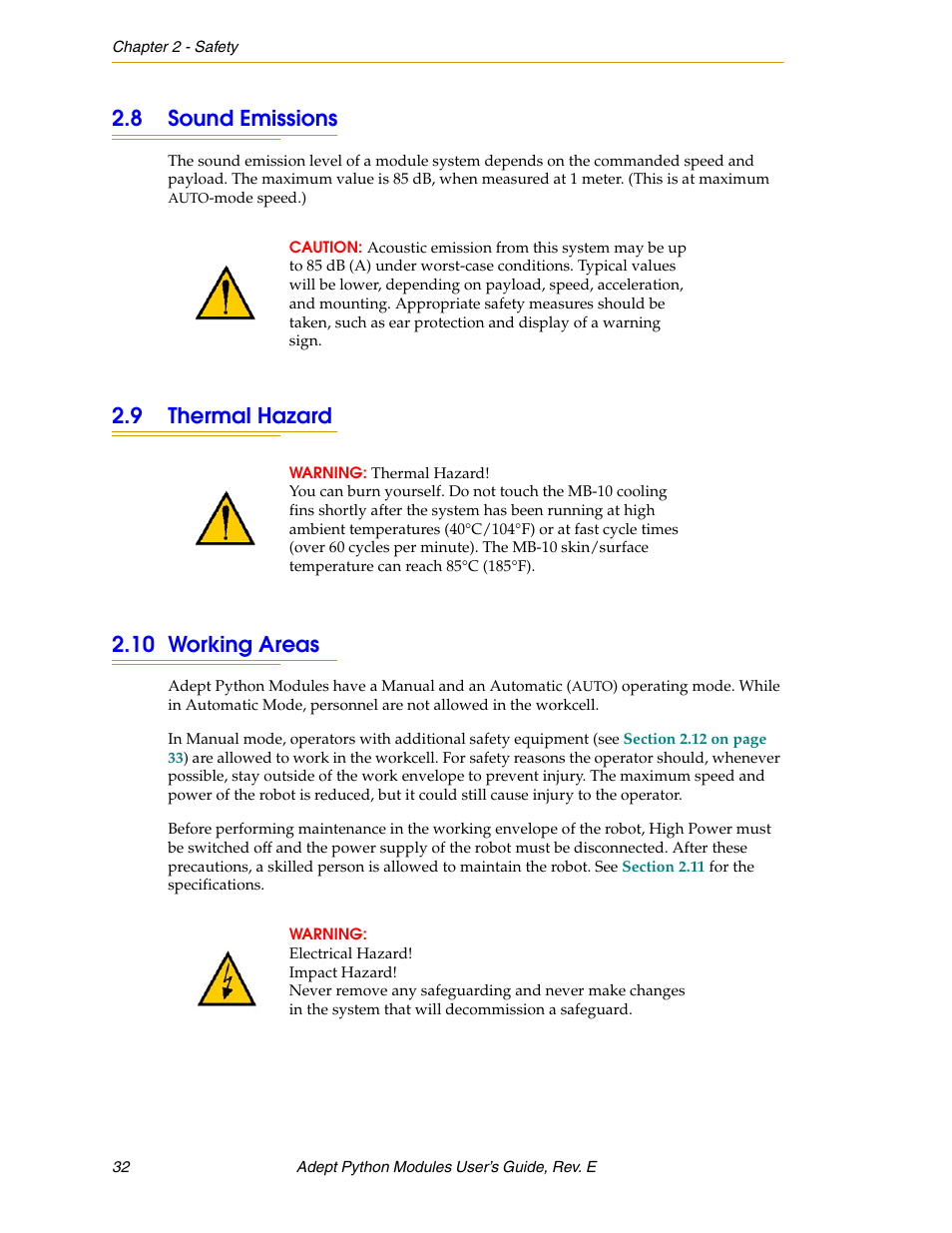 8 sound emissions, 9 thermal hazard, 10 working areas | 9 thermal hazard 2.10 working areas | Adept Python User Manual | Page 32 / 170