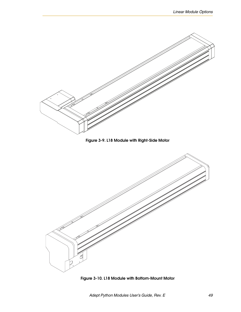 Figure 3-9. l18 module with right-side motor, Figure 3-10. l18 module with bottom-mount motor | Adept Python User Manual | Page 49 / 170