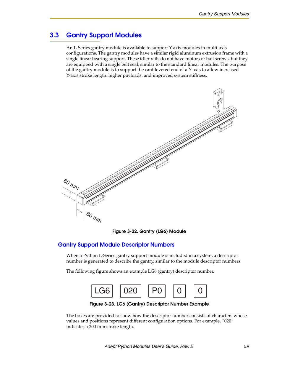 3 gantry support modules, Gantry support module descriptor numbers, Figure 3-22. gantry (lg6) module | Adept Python User Manual | Page 59 / 170
