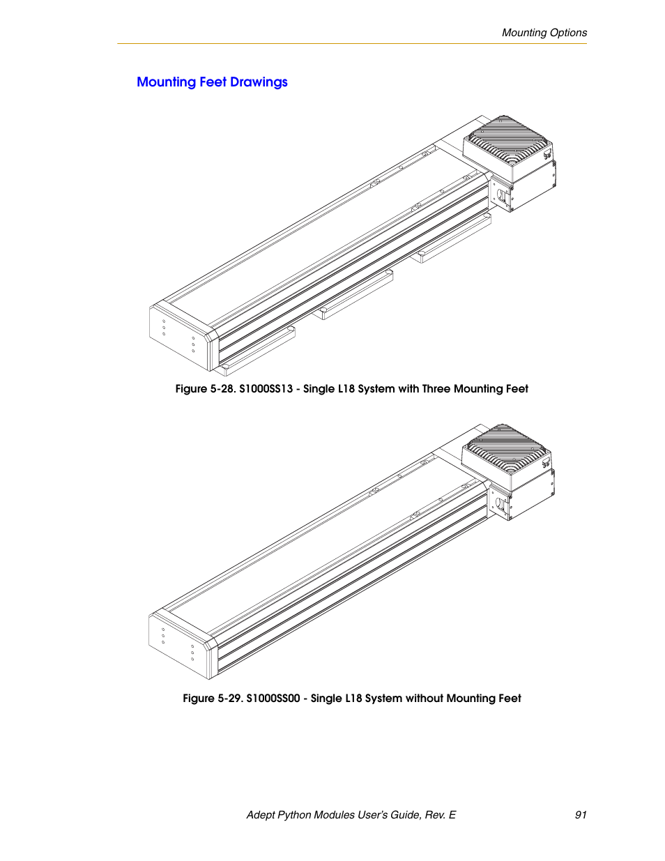 Mounting feet drawings | Adept Python User Manual | Page 91 / 170