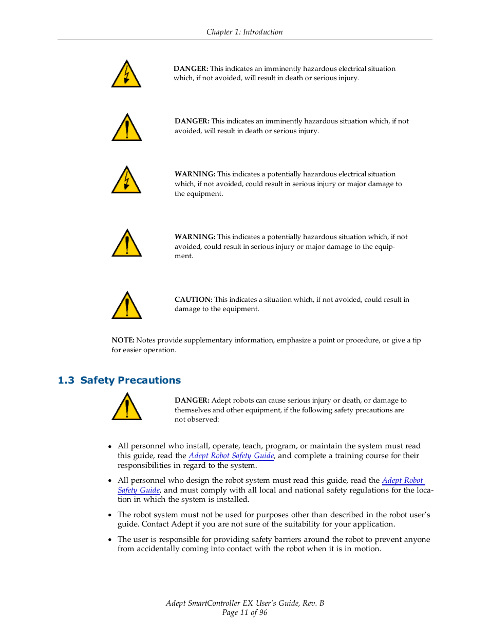 3 safety precautions | Adept EX SmartContoller User Manual | Page 11 / 96