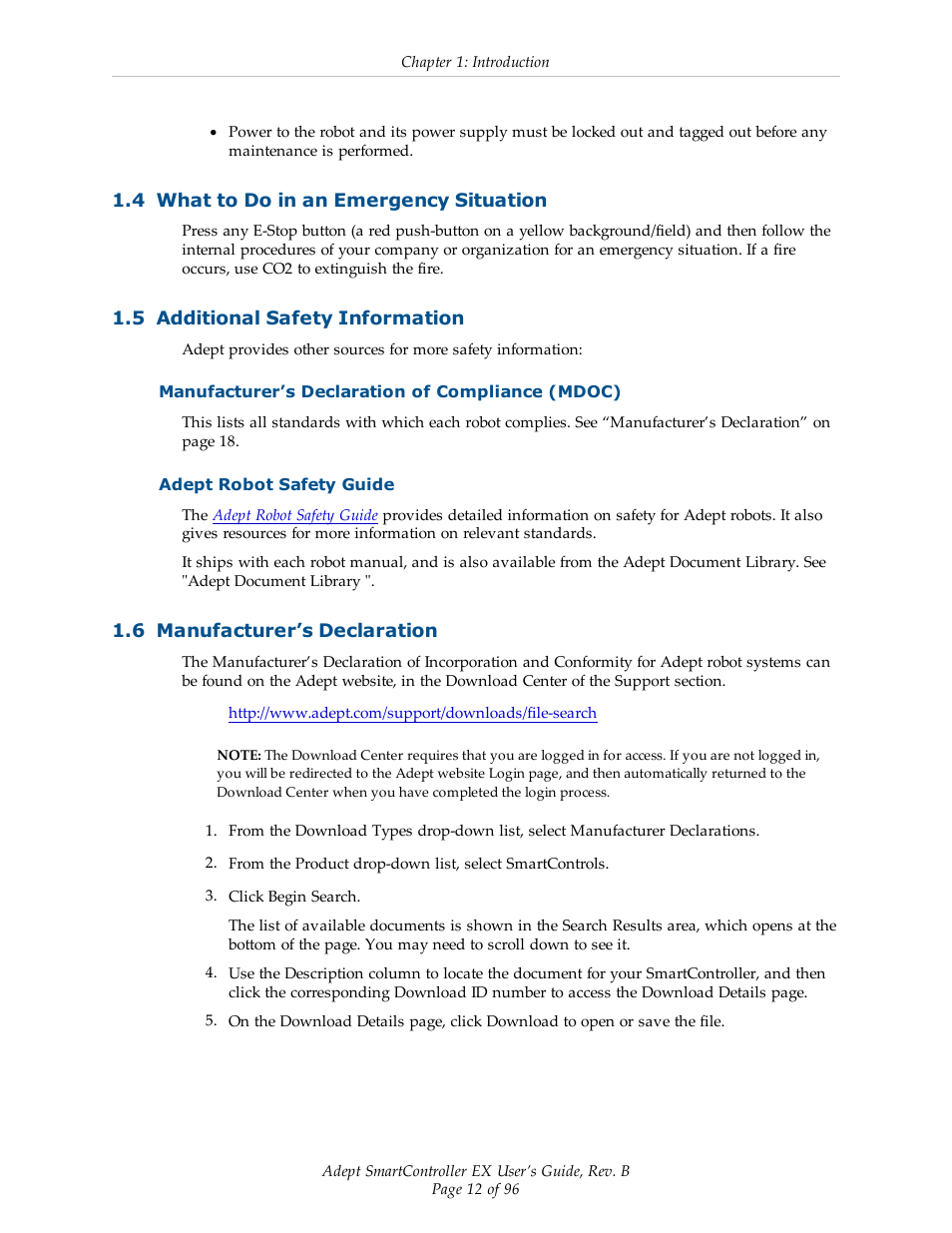 4 what to do in an emergency situation, 5 additional safety information, Manufacturer’s declaration of compliance (mdoc) | Adept robot safety guide, 6 manufacturer’s declaration | Adept EX SmartContoller User Manual | Page 12 / 96