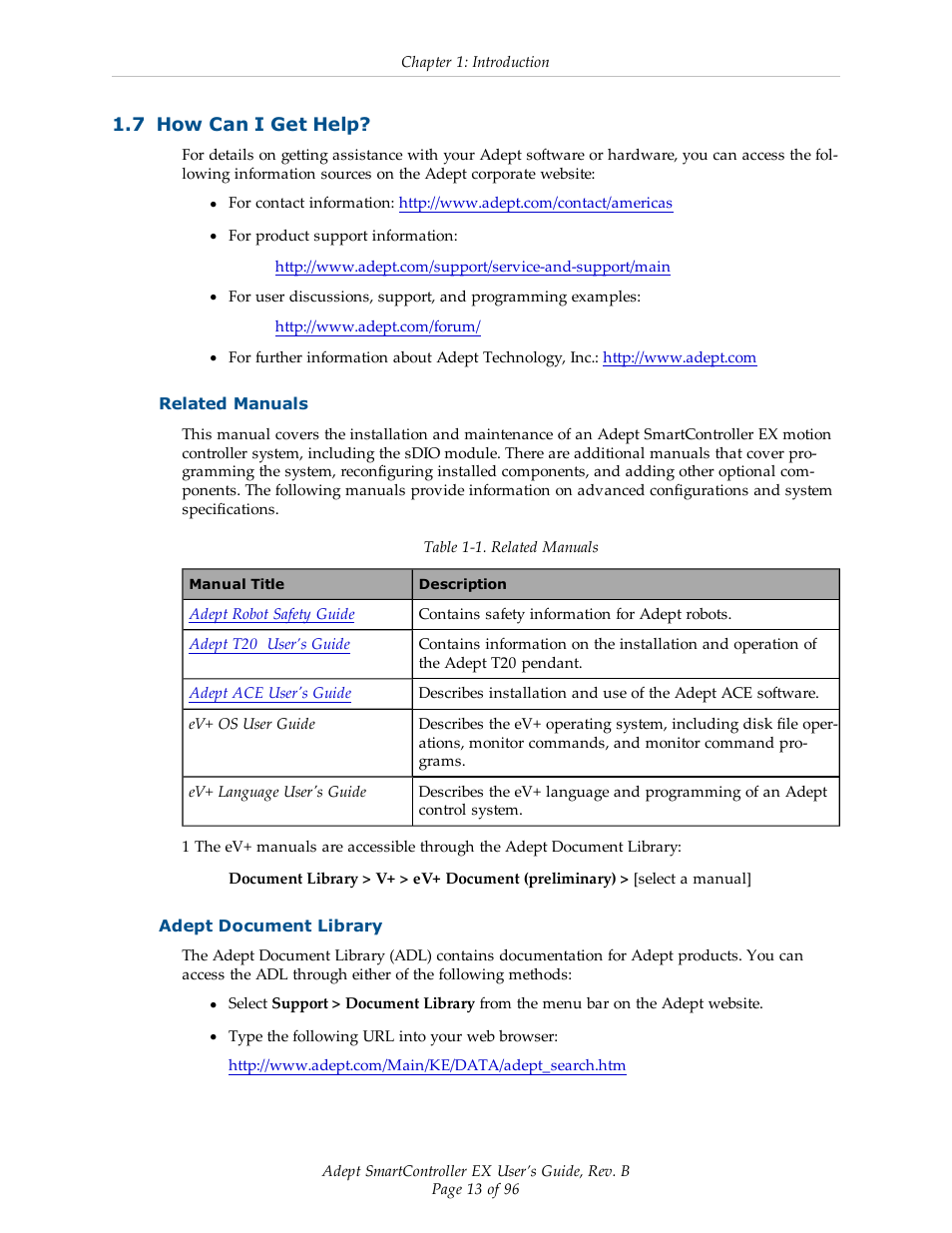 7 how can i get help, Related manuals, Adept document library | Adept EX SmartContoller User Manual | Page 13 / 96