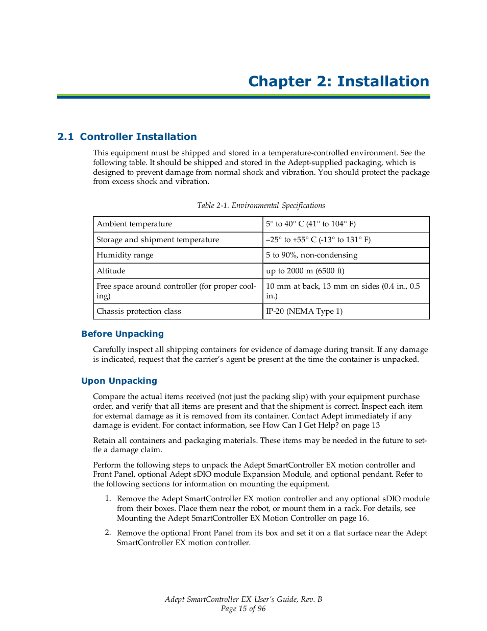 Chapter 2: installation, 1 controller installation, Before unpacking | Upon unpacking | Adept EX SmartContoller User Manual | Page 15 / 96