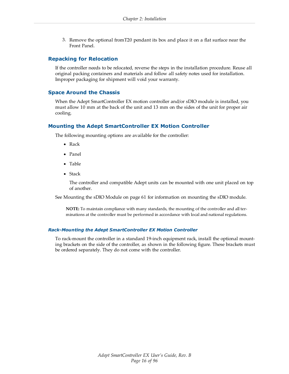 Repacking for relocation, Space around the chassis | Adept EX SmartContoller User Manual | Page 16 / 96