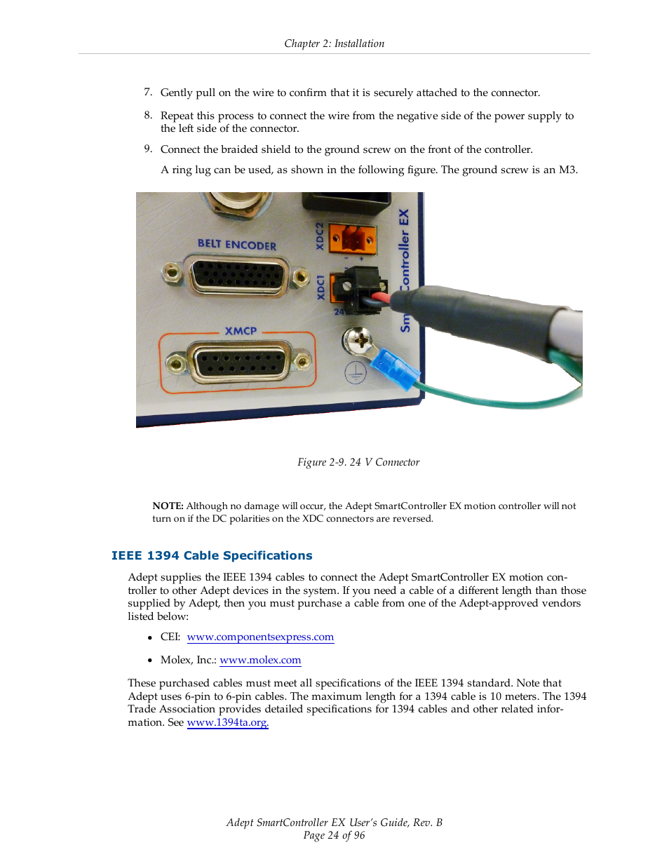 Ieee 1394 cable specifications | Adept EX SmartContoller User Manual | Page 24 / 96