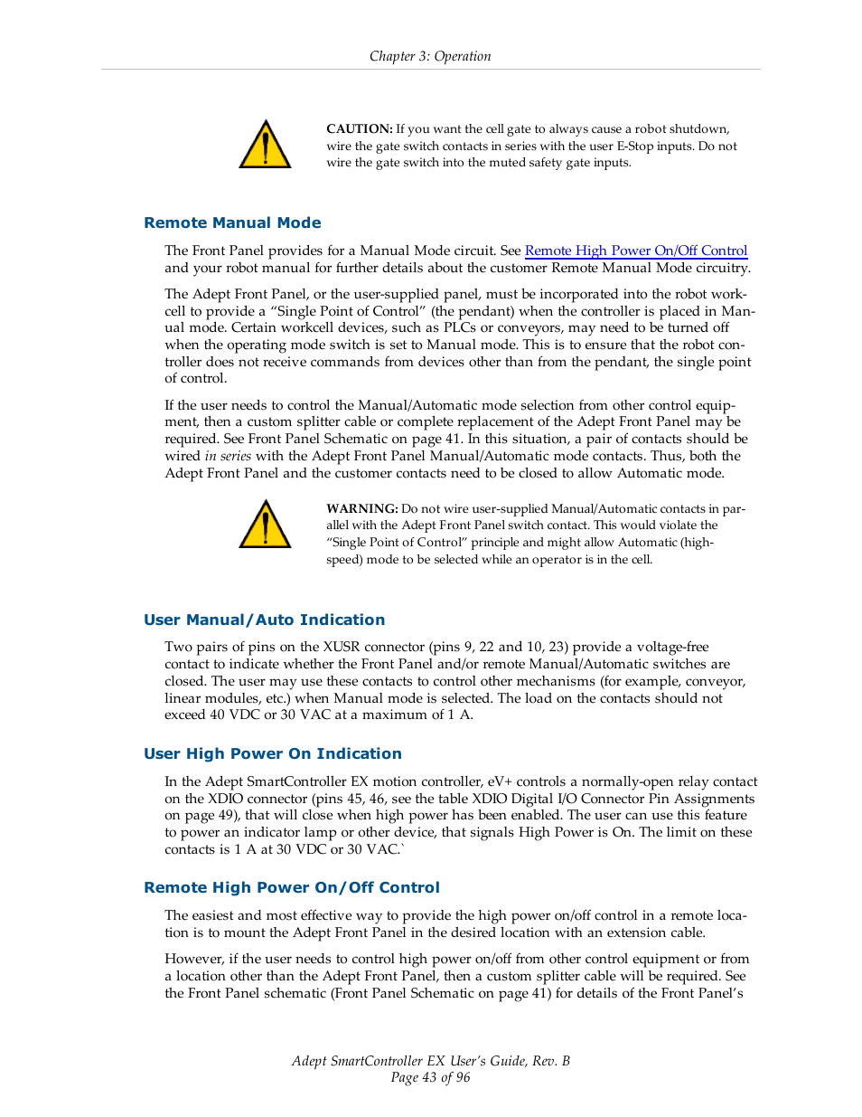 Remote manual mode, User manual/auto indication, User high power on indication | Remote high power on/off control | Adept EX SmartContoller User Manual | Page 43 / 96