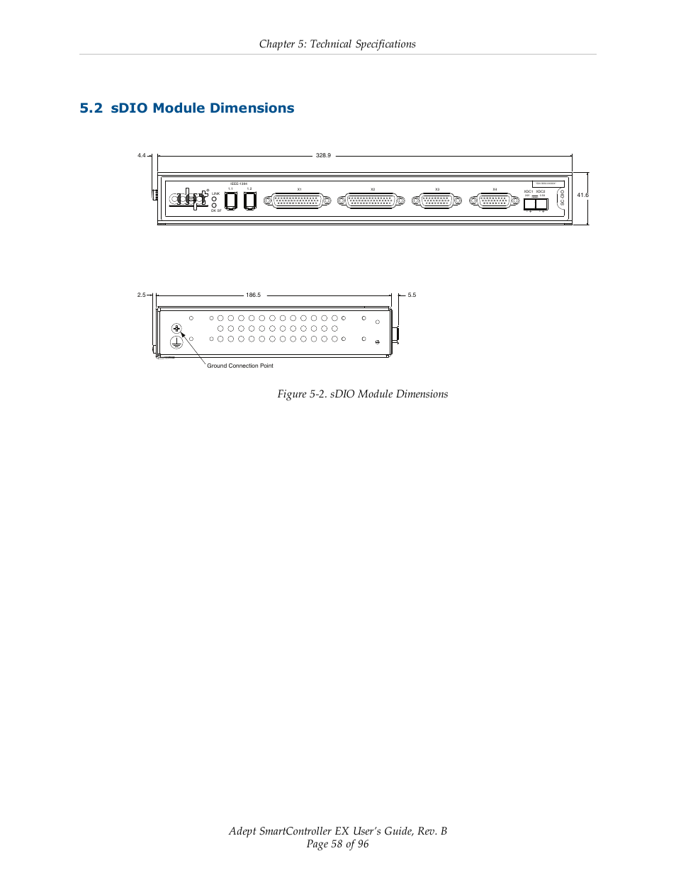 2 sdio module dimensions, Chapter 5: technical specifications | Adept EX SmartContoller User Manual | Page 58 / 96