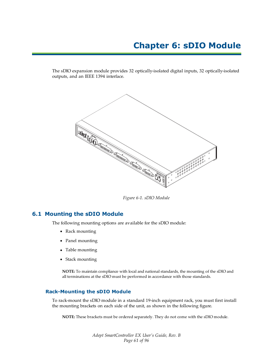 Chapter 6: sdio module, 1 mounting the sdio module, Rack-mounting the sdio module | Adept EX SmartContoller User Manual | Page 61 / 96