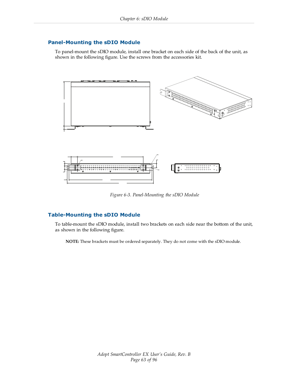 Panel-mounting the sdio module, Table-mounting the sdio module, Chapter 6: sdio module | Figure 6-3. panel-mounting the sdio module | Adept EX SmartContoller User Manual | Page 63 / 96