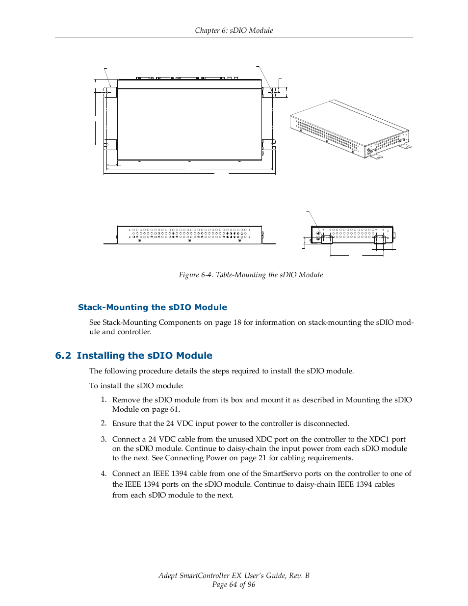 Stack-mounting the sdio module, 2 installing the sdio module | Adept EX SmartContoller User Manual | Page 64 / 96