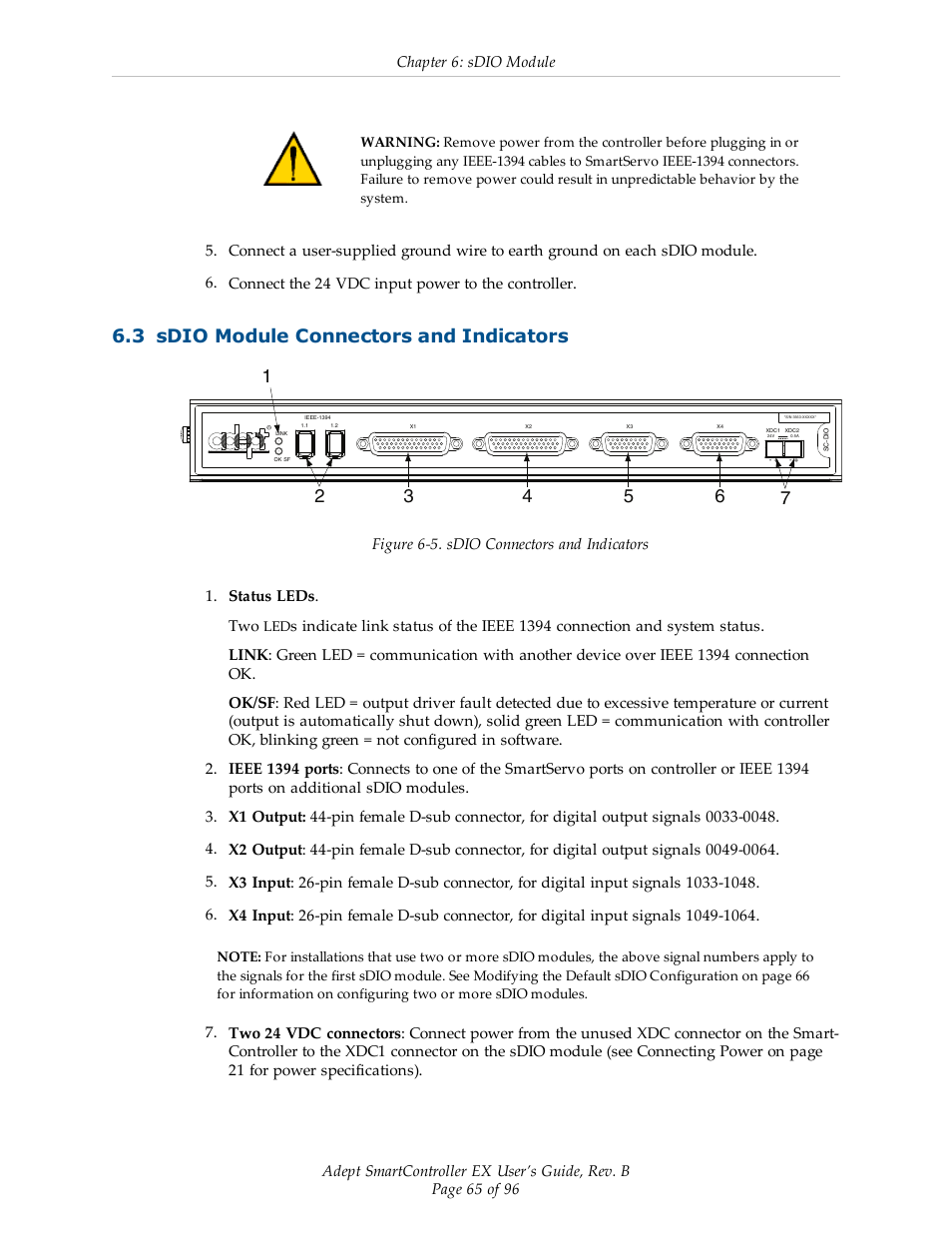 3 sdio module connectors and indicators, Chapter 6: sdio module | Adept EX SmartContoller User Manual | Page 65 / 96