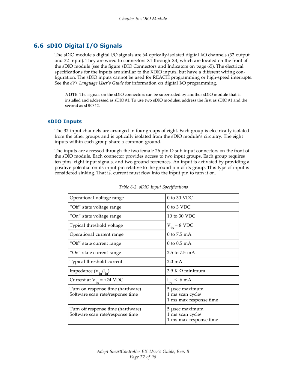 6 sdio digital i/o signals, Sdio inputs | Adept EX SmartContoller User Manual | Page 72 / 96