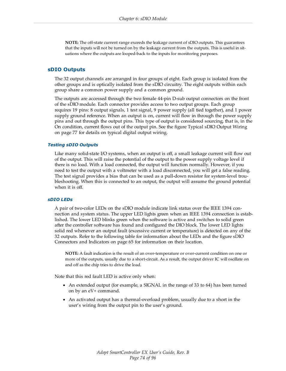 Sdio outputs | Adept EX SmartContoller User Manual | Page 74 / 96