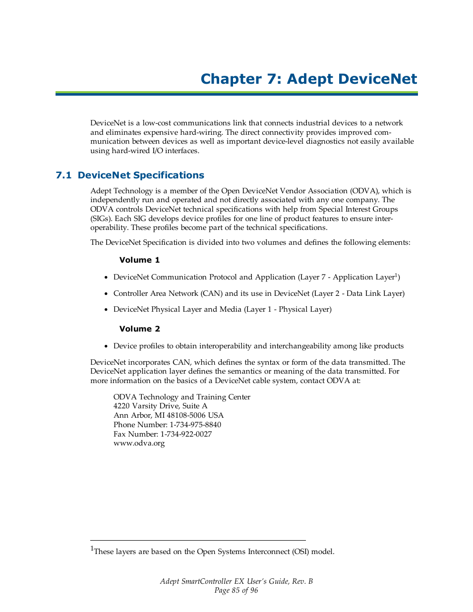 Chapter 7: adept devicenet, 1 devicenet specifications | Adept EX SmartContoller User Manual | Page 85 / 96