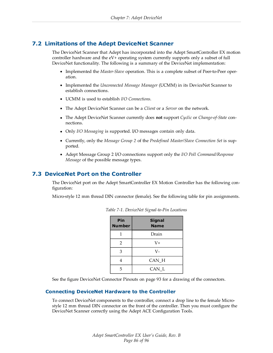 2 limitations of the adept devicenet scanner, 3 devicenet port on the controller, Connecting devicenet hardware to the controller | Adept EX SmartContoller User Manual | Page 86 / 96