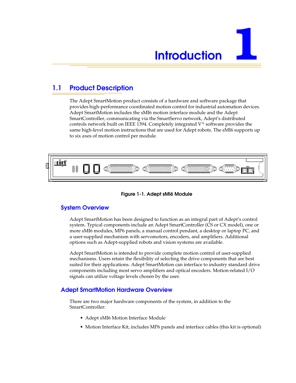 Introduction, 1 product description, System overview | Adept smartmotion hardware overview | Adept SmartMotion User Manual | Page 11 / 60