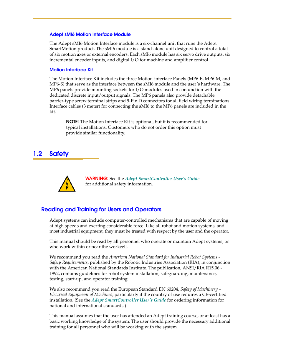 Adept smi6 motion interface module, Motion interface kit, 2 safety | Reading and training for users and operators | Adept SmartMotion User Manual | Page 12 / 60