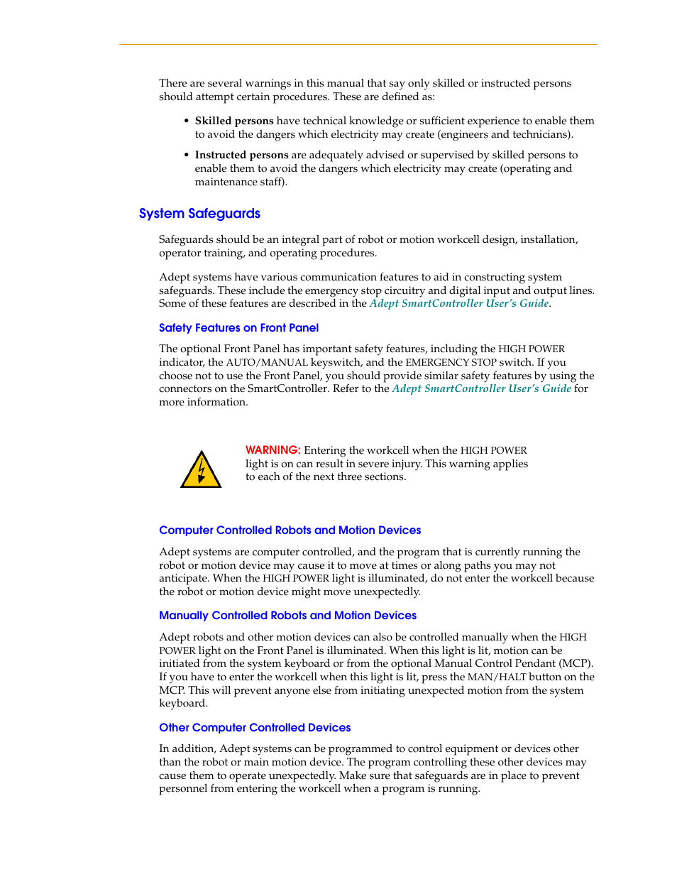 System safeguards, Safety features on front panel, Computer controlled robots and motion devices | Manually controlled robots and motion devices, Other computer controlled devices | Adept SmartMotion User Manual | Page 13 / 60