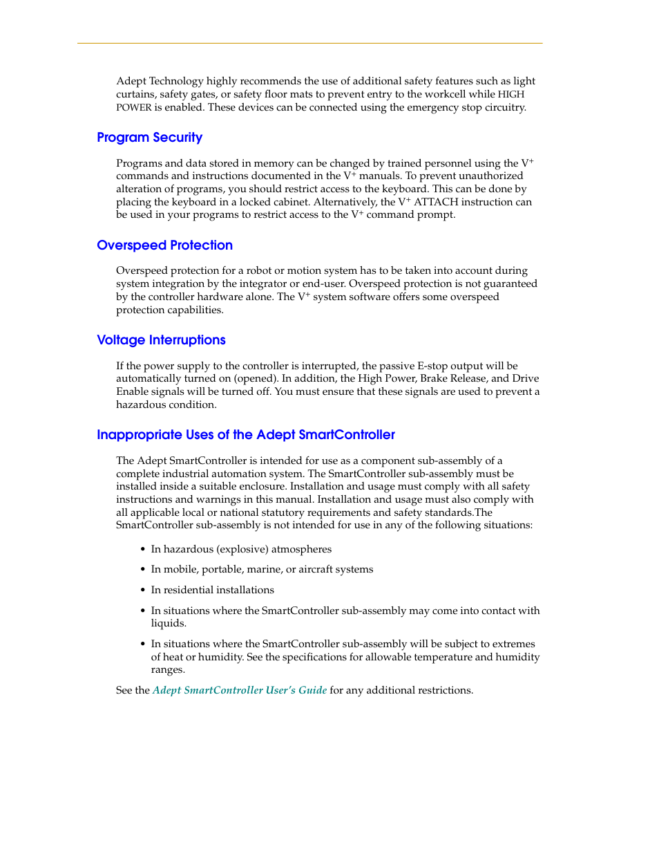 Program security, Overspeed protection, Voltage interruptions | Inappropriate uses of the adept smartcontroller | Adept SmartMotion User Manual | Page 14 / 60