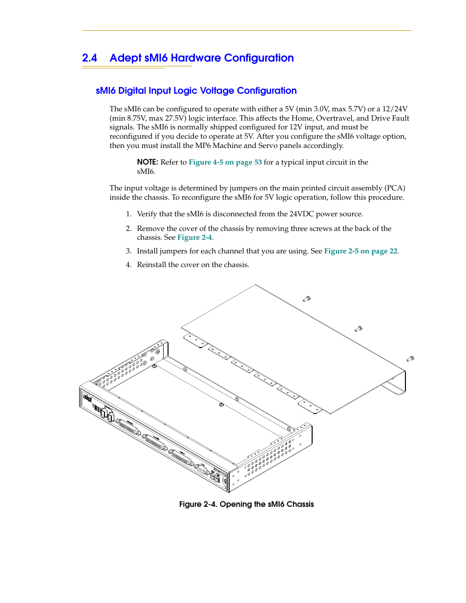 4 adept smi6 hardware configuration, Smi6 digital input logic voltage configuration | Adept SmartMotion User Manual | Page 21 / 60