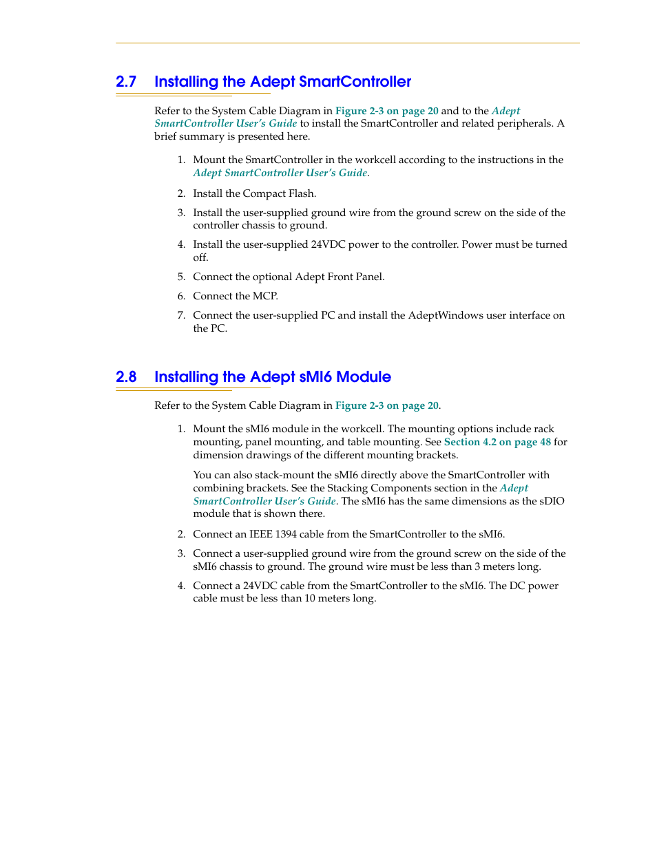 7 installing the adept smartcontroller, 8 installing the adept smi6 module | Adept SmartMotion User Manual | Page 25 / 60