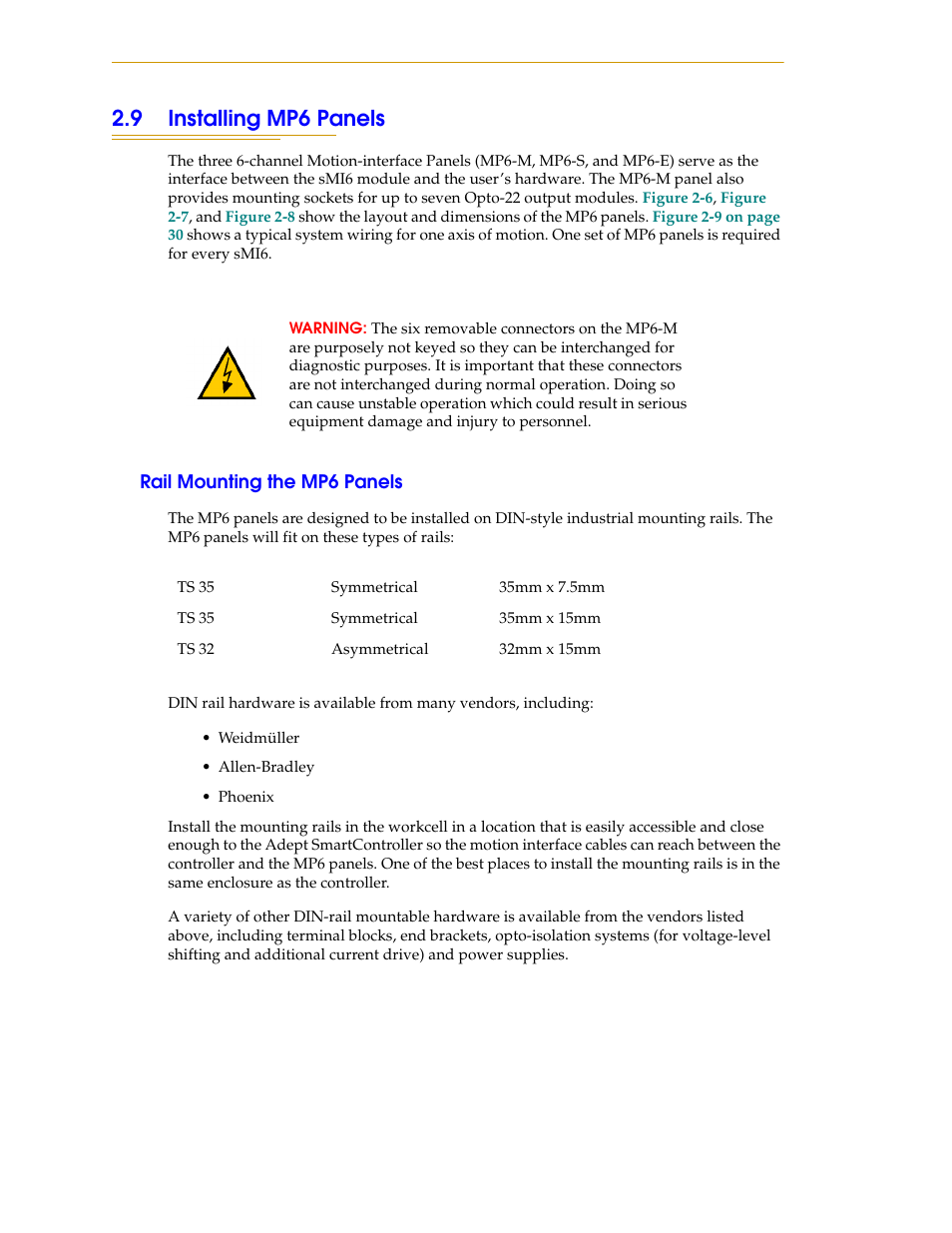 9 installing mp6 panels, Rail mounting the mp6 panels | Adept SmartMotion User Manual | Page 26 / 60