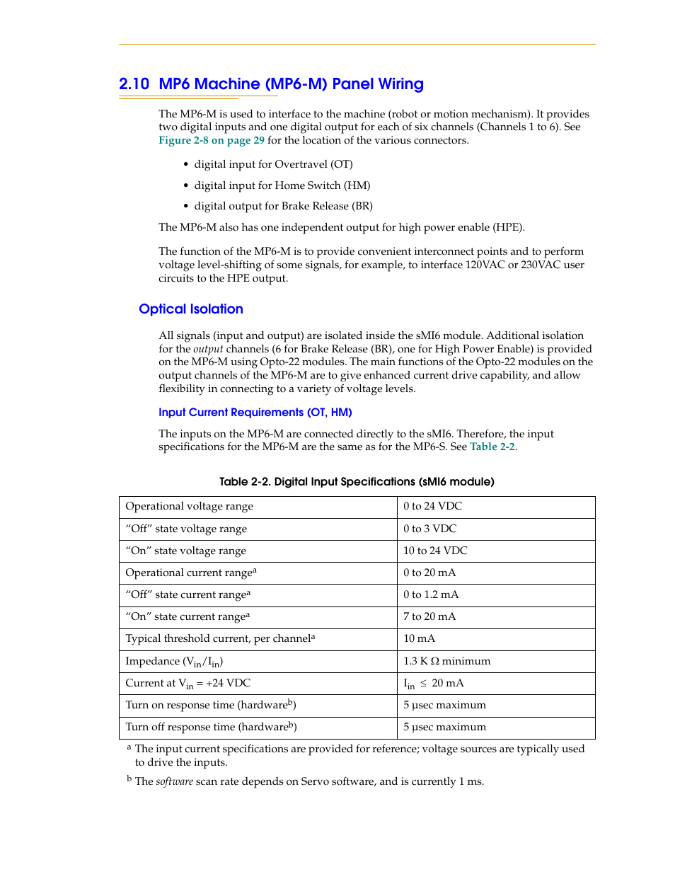 10 mp6 machine (mp6-m) panel wiring, Optical isolation, Input current requirements (ot, hm) | Adept SmartMotion User Manual | Page 31 / 60