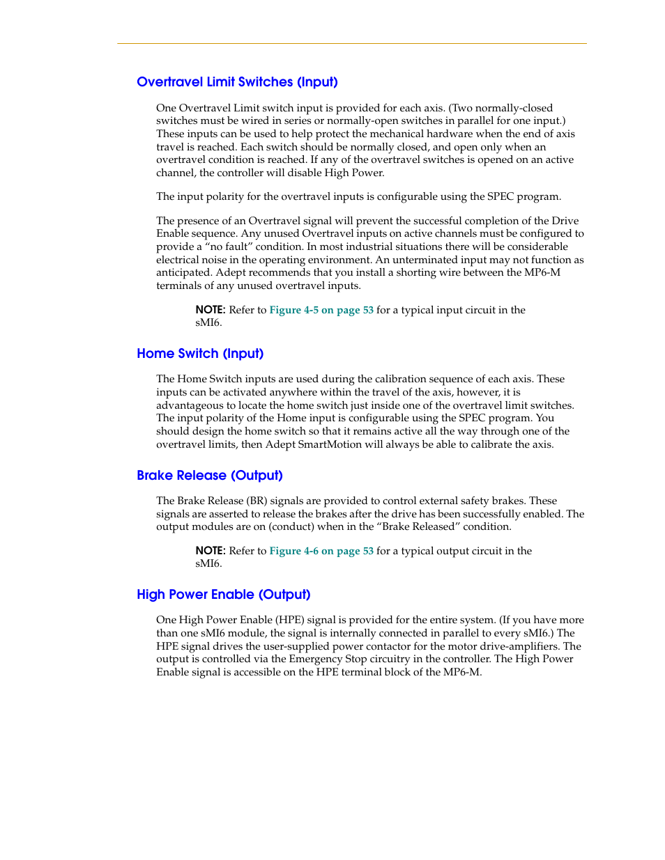 Overtravel limit switches (input), Home switch (input), Brake release (output) | High power enable (output) | Adept SmartMotion User Manual | Page 33 / 60