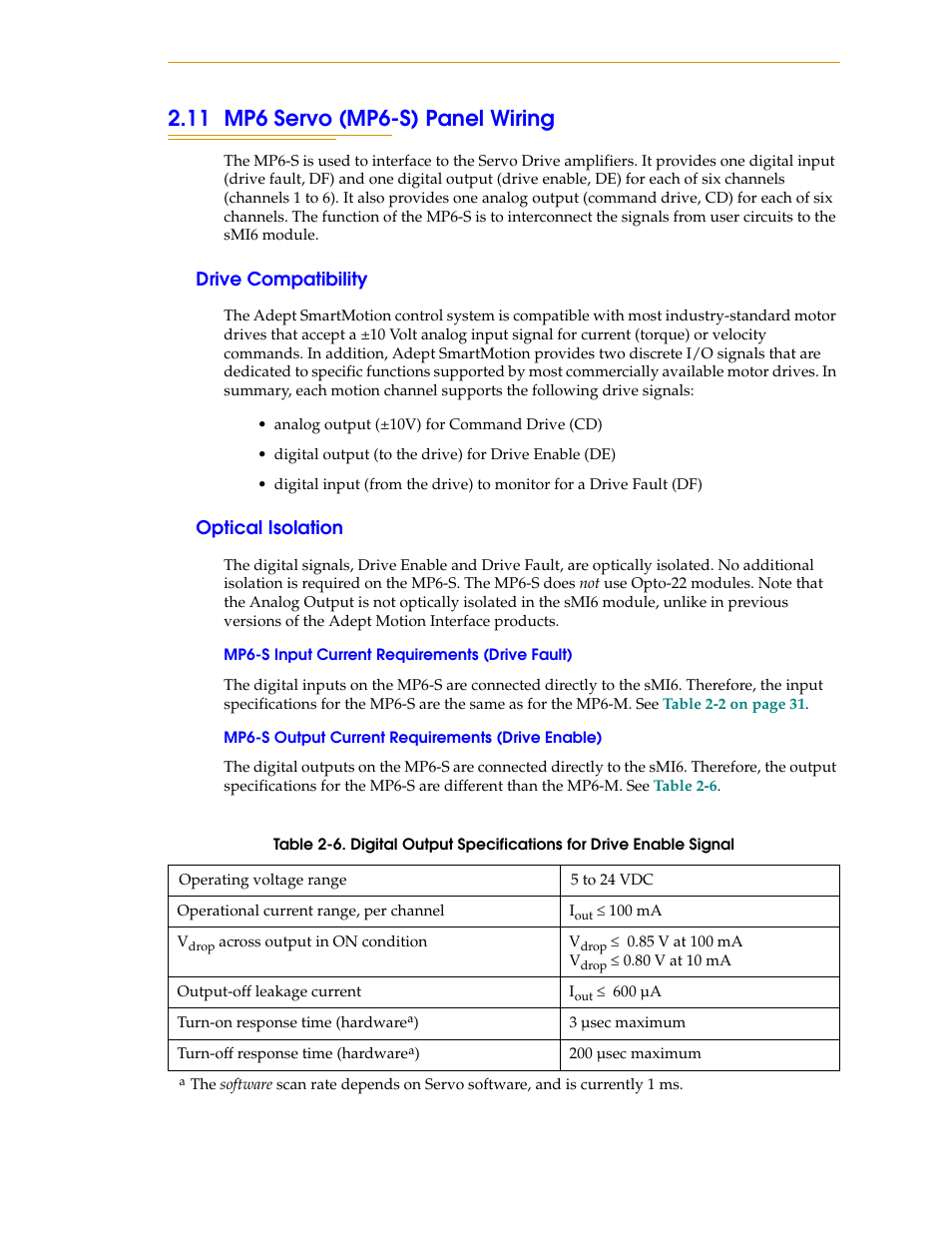 11 mp6 servo (mp6-s) panel wiring, Drive compatibility, Optical isolation | Mp6-s input current requirements (drive fault), Mp6-s output current requirements (drive enable) | Adept SmartMotion User Manual | Page 35 / 60