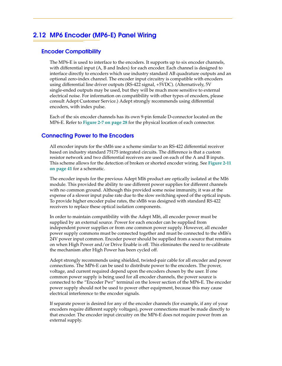 12 mp6 encoder (mp6-e) panel wiring, Encoder compatibility, Connecting power to the encoders | Adept SmartMotion User Manual | Page 38 / 60