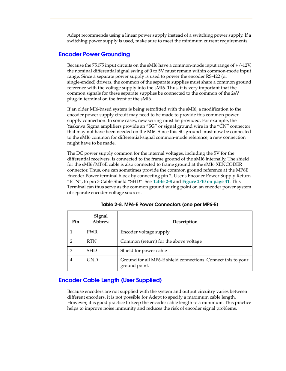 Encoder power grounding, Encoder cable length (user supplied) | Adept SmartMotion User Manual | Page 39 / 60