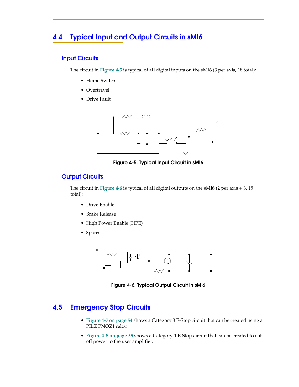 4 typical input and output circuits in smi6, Input circuits, Output circuits | 5 emergency stop circuits | Adept SmartMotion User Manual | Page 53 / 60