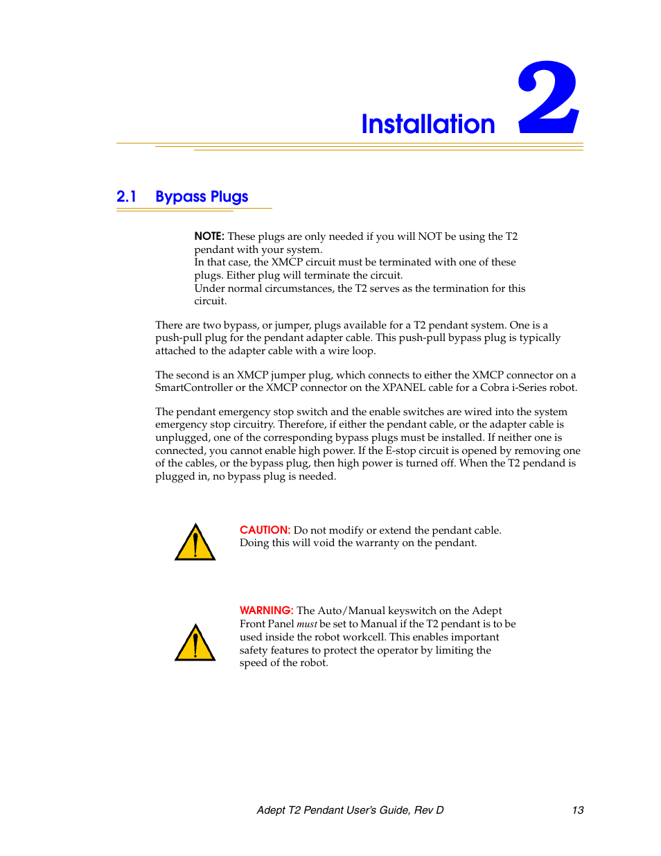 Installation, 1 bypass plugs | Adept T2 Pendant User Manual | Page 13 / 50