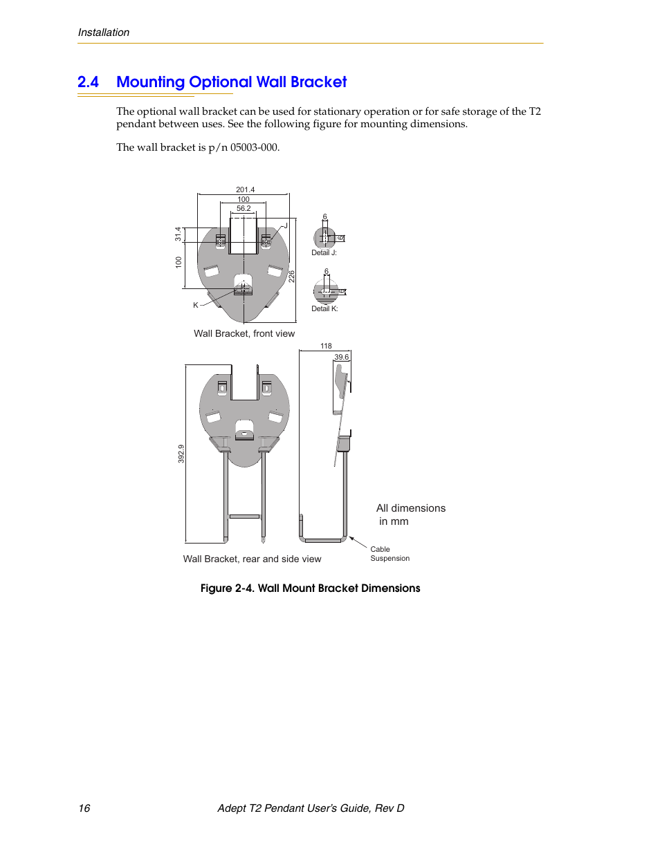 4 mounting optional wall bracket | Adept T2 Pendant User Manual | Page 16 / 50