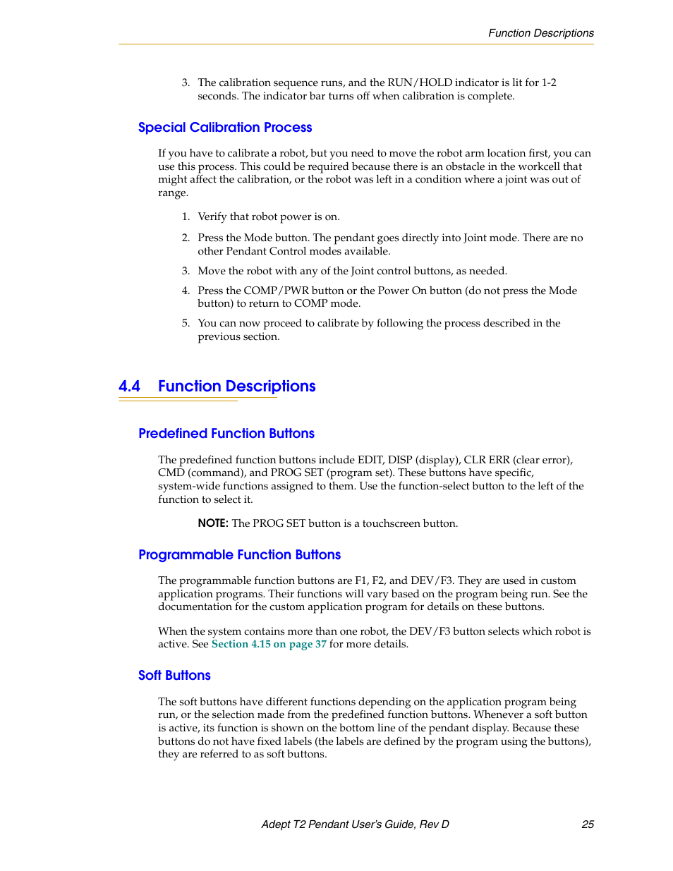 Special calibration process, 4 function descriptions, Predefined function buttons | Programmable function buttons, Soft buttons | Adept T2 Pendant User Manual | Page 25 / 50