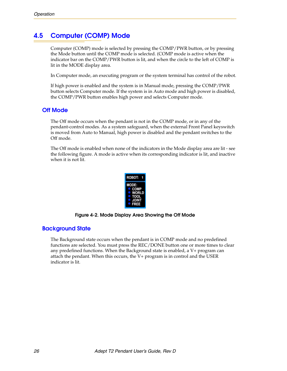 5 computer (comp) mode, Off mode, Background state | Adept T2 Pendant User Manual | Page 26 / 50