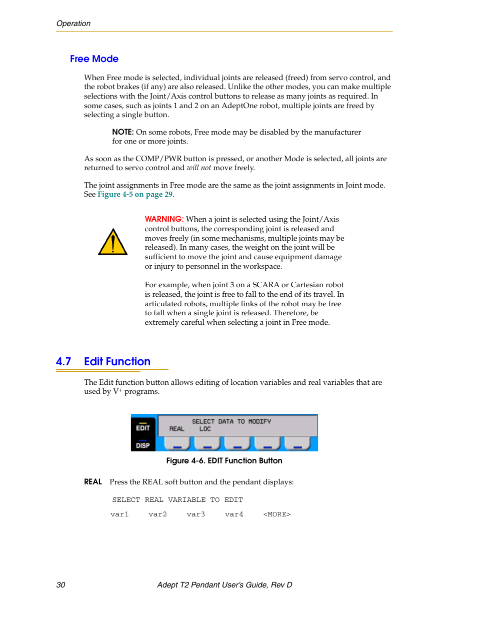 Free mode, 7 edit function | Adept T2 Pendant User Manual | Page 30 / 50