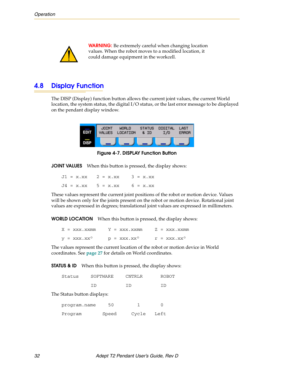 8 display function | Adept T2 Pendant User Manual | Page 32 / 50