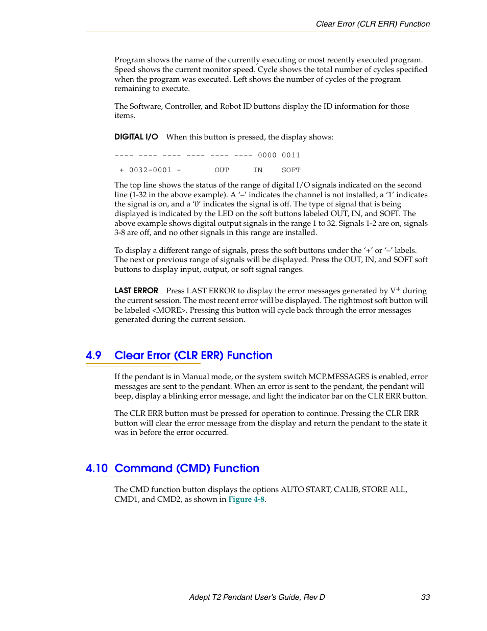 9 clear error (clr err) function, 10 command (cmd) function | Adept T2 Pendant User Manual | Page 33 / 50