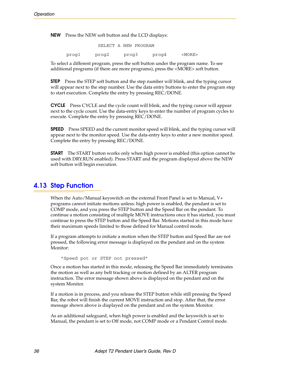 13 step function, Section 4.13 on | Adept T2 Pendant User Manual | Page 36 / 50