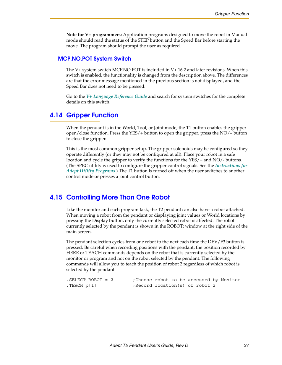 Mcp.no.pot system switch, 14 gripper function, 15 controlling more than one robot | Adept T2 Pendant User Manual | Page 37 / 50