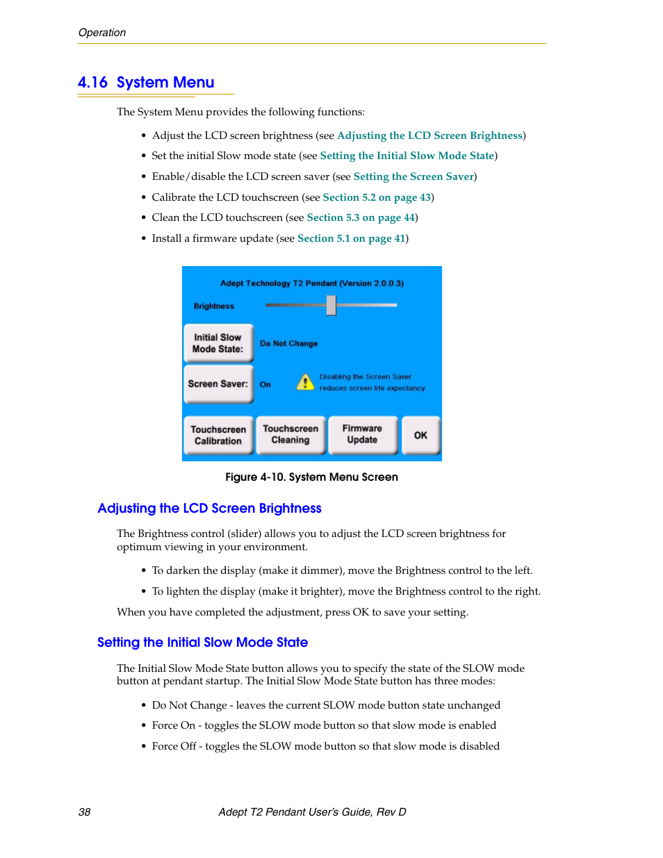 16 system menu, Adjusting the lcd screen brightness, Setting the initial slow mode state | Adept T2 Pendant User Manual | Page 38 / 50